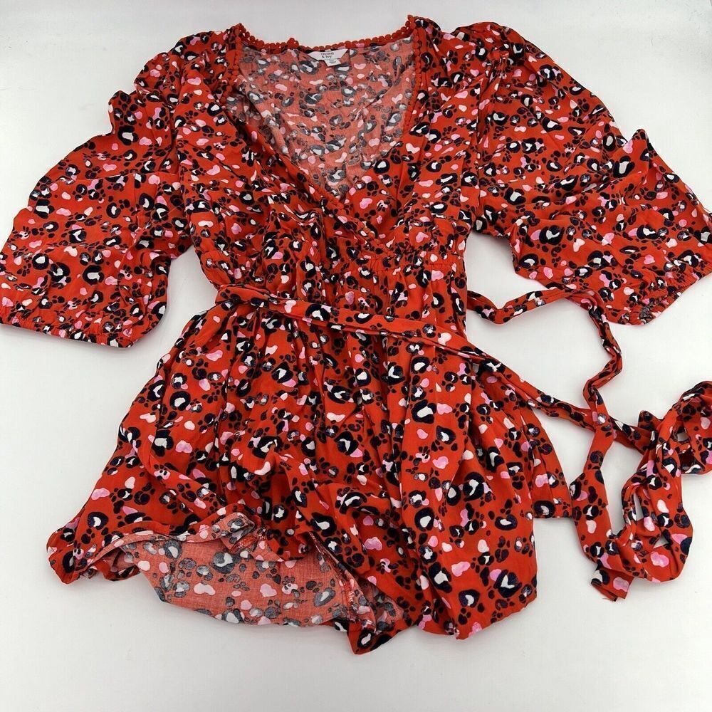 Crown & Ivy Red Floral Faux Wrap Belted Blouse Size 2X